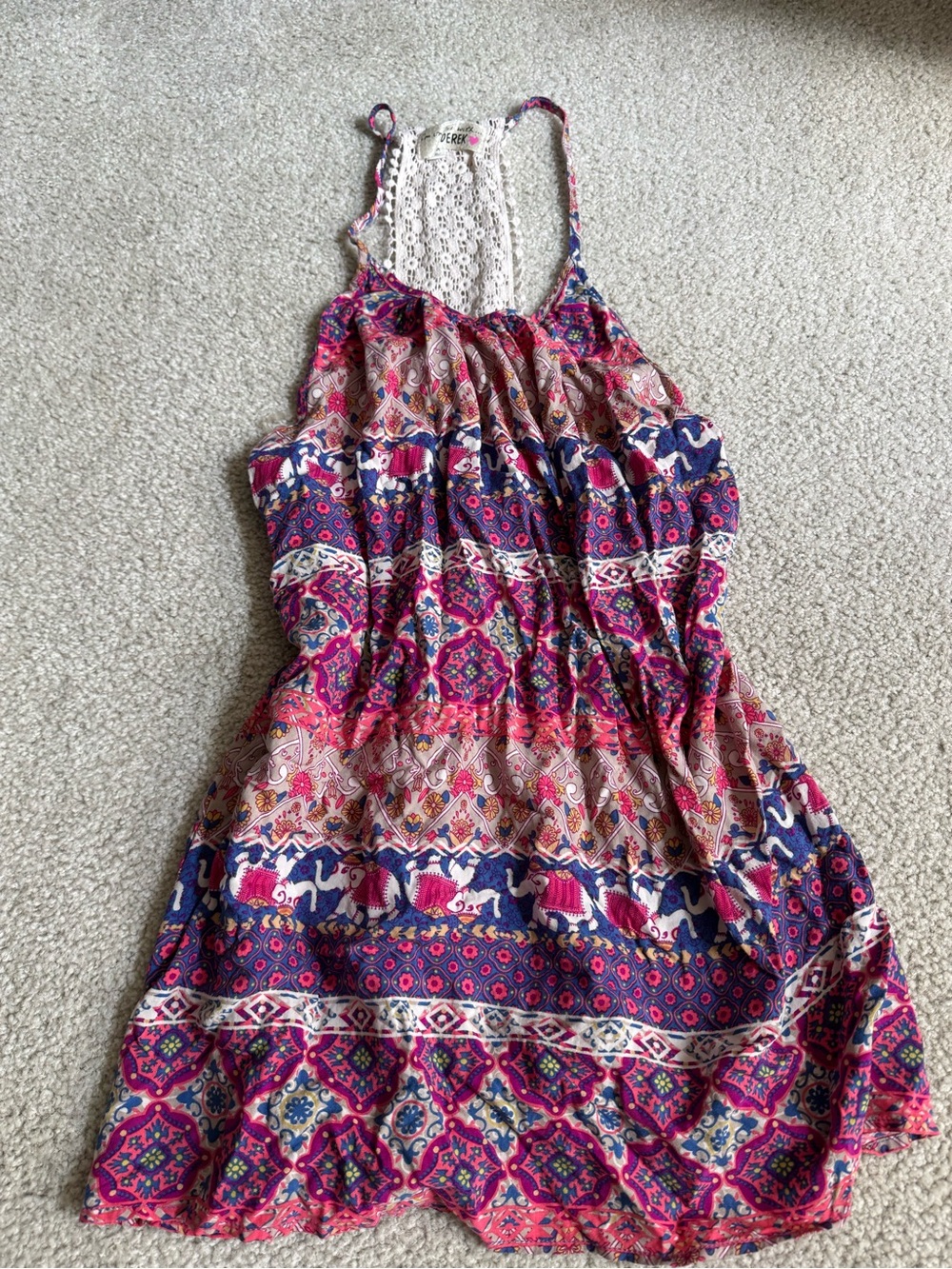 Derek Heart Pink and Blue Elephant Print Lace Racerback Tank boho y2k